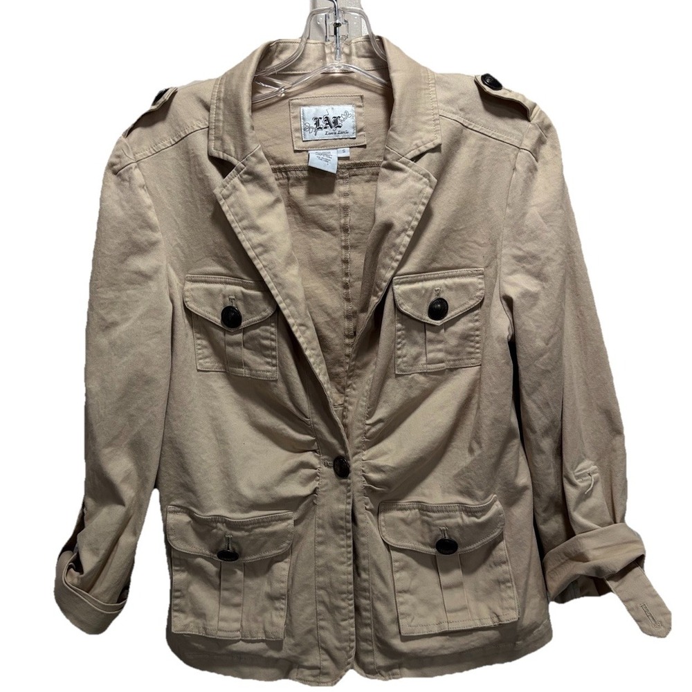Live a Little Tan Soft Jacket Size Small Pockets Button Up Collar Pockets